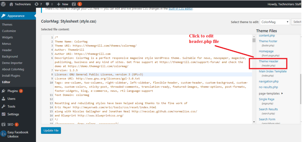 Click on Theme Header option on left side to edit header.php file