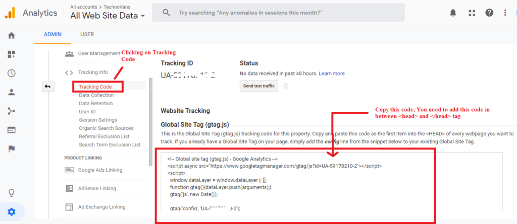 Tracking Info: copy the GA tracking code