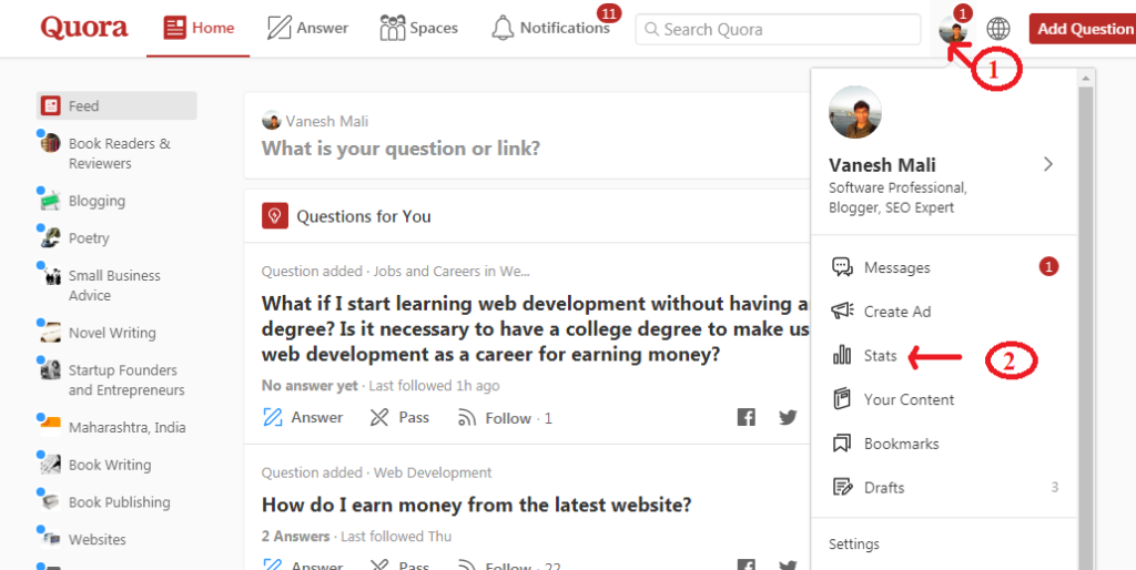 Check Stats of your answers on Quora