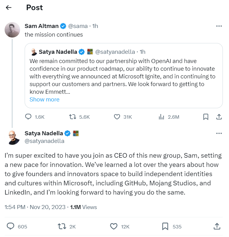 Sam Altman quotes the tweet ( post ) of Satya Nadella and Nadella replied back to Altman's quote tweet