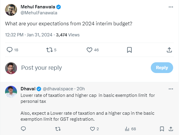 Mehul Fanawala tweets about expectations from budget 2024