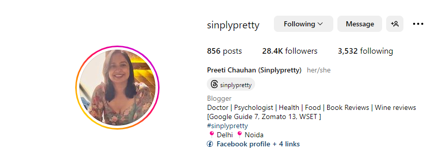 Instagram profile of Dr. Preeti Chauhan founder of Sin-ply Pretty